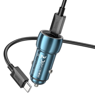 Автомобильное зарядное устройство HOCO Z48 Tough, 2xUSB-C с Кабелем Type-C - Type-C, 40W, синий