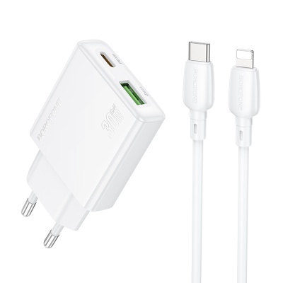 Сетевое зарядное устройство BOROFONE BN25 Wish 1xUSB + 1xUSB-C с Кабелем Type-C - Lightning, 3A, 30W, белый