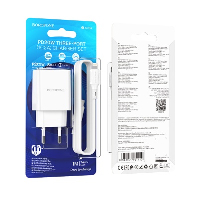 Сетевое зарядное устройство BOROFONE BA70A Quick 2xUSB + 1xUSB-C с Кабелем Type-C - Lightning, 3A, 20W, белый