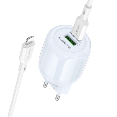 Сетевое зарядное устройство BOROFONE BA94A Lustrous 1xUSB + 1xUSB-C с Кабелем Type-C - Lightning, 3A, 30W, синий