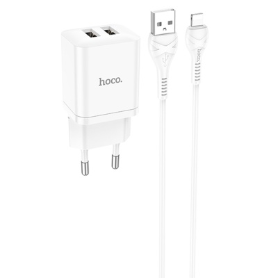 Сетевое зарядное устройство HOCO N25 Maker 2xUSB с Кабелем USB - Lightning, 2.1A, 10W, белый