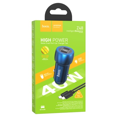 Автомобильное зарядное устройство HOCO Z48 Tough, 2xUSB-C с Кабелем Type-C - Lightning, 40W, синий