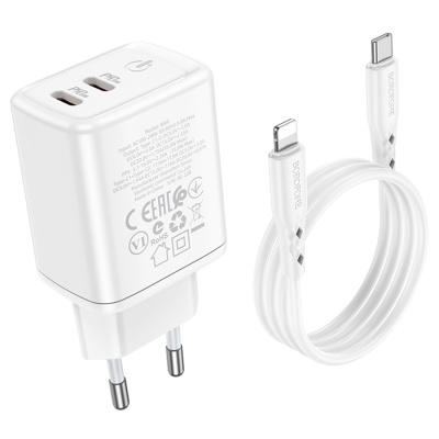 Сетевое зарядное устройство BOROFONE BN9 Reacher 2xUSB-C с Кабелем Type-C - Lightning, 35W, белый