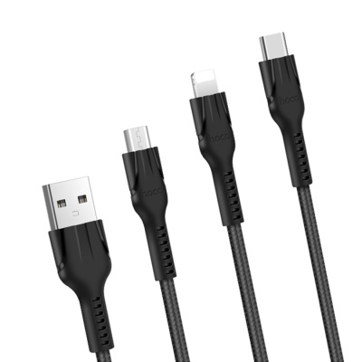 Кабель USB HOCO U31 Benay 3 в 1 USB - Type-C + Lightning + MicroUSB, 2.4А, 1.2 м, черный