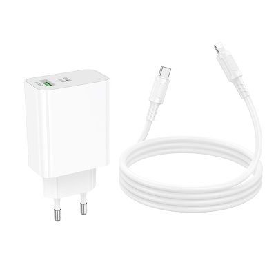 Сетевое зарядное устройство BOROFONE BA106A Stellar 1xUSB + 1xUSB-C с Кабелем Type-C - Lightning, 3A, 20W, белый
