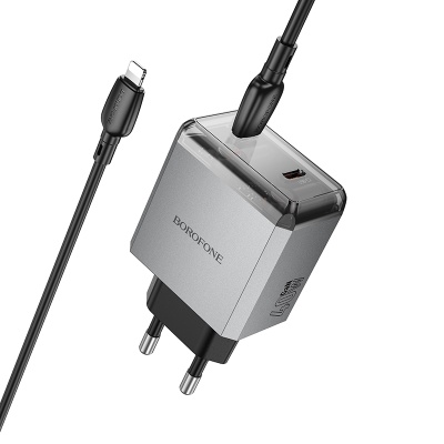 Сетевое зарядное устройство BOROFONE BN21 Lena 2xUSB-C с Кабелем Type-C - Lightning, 40W, серый металлик