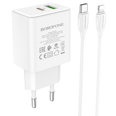 Сетевое зарядное устройство BOROFONE BA67A 1xUSB + 1xUSB-C с Кабелем Type-C - Lightning, 20W, белый