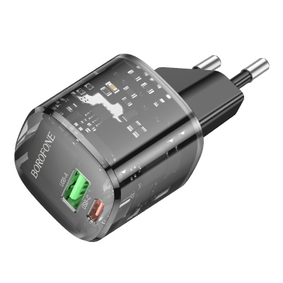 Сетевое зарядное устройство BOROFONE BN17 Sunlight 1xUSB + 1xUSB-C, 3A, 20W, прозрачный черный