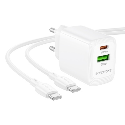 Сетевое зарядное устройство BOROFONE BN27 Fuente 1xUSB + 1xUSB-C с Кабелем Type-C - Type-C, 3A, 20W, белый