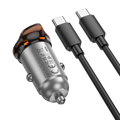 Автомобильное зарядное устройство HOCO NZ16 Rigorous, 1xUSB-C с Кабелем Type-C - Type-C, 30W, серый металлик