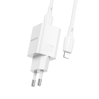 Сетевое зарядное устройство BOROFONE BN14 Royal 1xUSB + 1xUSB-C с Кабелем Type-C - Lightning, 3A, 30W, белый