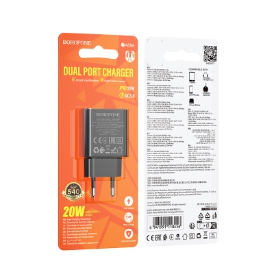Сетевое зарядное устройство BOROFONE BA88A Navy 1xUSB + 1xUSB-C, 3A, 20W, черный