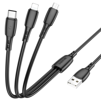 Кабель USB BOROFONE BX71 3 в 1 USB - Type-C + Lightning + MicroUSB, 2А, 1 м, черный