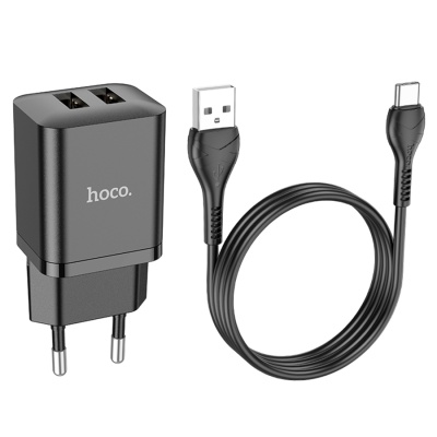 Сетевое зарядное устройство HOCO N25 Maker 2xUSB с Кабелем USB - Type-C, 2.1A, 10W, черный