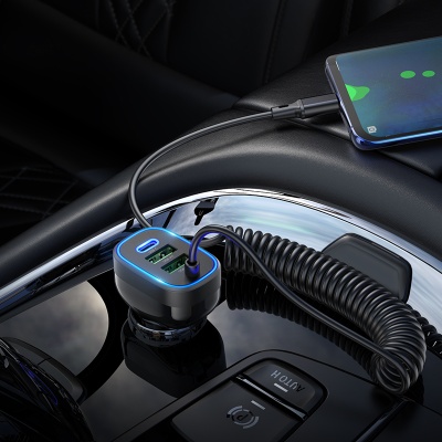 Автомобильное зарядное устройство HOCO NZ11A Guide, 1xUSB + 2xUSB-C с Кабелем Type-C, 3A, 30W, черный