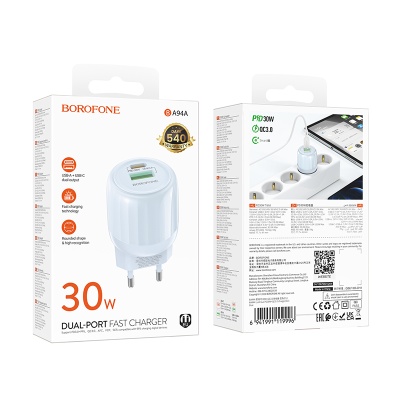 Сетевое зарядное устройство BOROFONE BA94A Lustrous 1xUSB + 1xUSB-C, 3A, 30W, синий