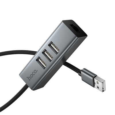 USB HUB разветвитель HOCO HB1D 4 в 1 USB (m) - 3xUSB2.0 (f) + RJ45 (f), 1 м, серый металлик