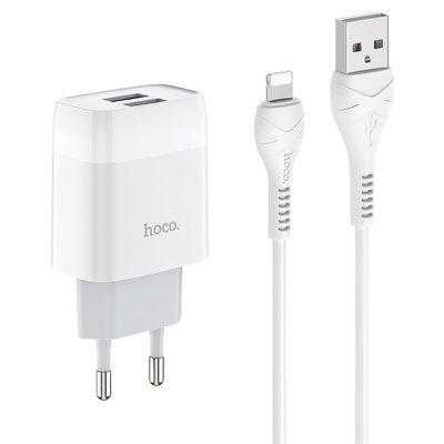 Сетевое зарядное устройство HOCO C73A Glorious 2xUSB с Кабелем USB - Lightning, 2.4A, 10.8W, белый