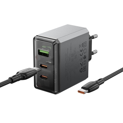 Сетевое зарядное устройство BOROFONE BN22 Lena 1xUSB + 2xUSB-C с Кабелем Type-C - Type-C, 3A, 65W, серый металлик