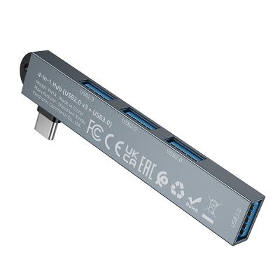 Переходник/Адаптер BOROFONE FH1A 4 в 1 Type-C (m) - 1xUSB3.0 (f) + 3xUSB2.0 (f), серый металлик