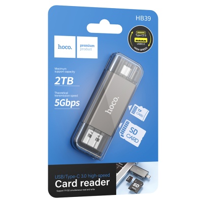 Переходник/Адаптер HOCO HB39 2 в 1 USB (m) / Type-C (m) - TF/SD, черный