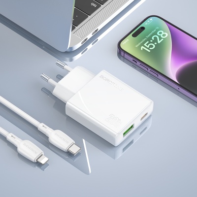 Сетевое зарядное устройство BOROFONE BN24 Wish 1xUSB + 1xUSB-C с Кабелем Type-C - Lightning, 3A, 20W, белый