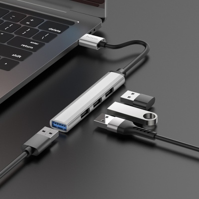 USB HUB разветвитель HOCO HB26 4 в 1 USB3.0 (m) - USB3.0 (f) + 3xUSB2.0 (f), серебристый