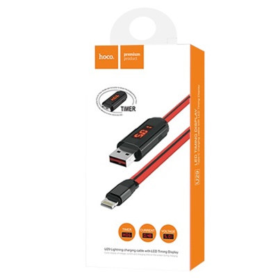 Кабель USB HOCO U29 LED displayed timing USB - Lightning, 2А, 1.2 м, красный+черный