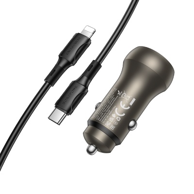 Автомобильное зарядное устройство BOROFONE BZ32B Fresh, 1xUSB + 1xUSB-C с Кабелем Type-C - Lightning, 48W, золотой