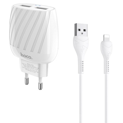 Сетевое зарядное устройство HOCO C78A Max energy 2xUSB с Кабелем USB - Lightning, 2.4A, 10.8W, белый