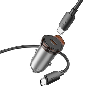 Автомобильное зарядное устройство HOCO NZ16 Rigorous, 1xUSB-C с Кабелем Type-C - Type-C, 30W, серый металлик