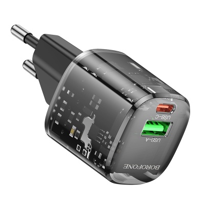 Сетевое зарядное устройство BOROFONE BN17 Sunlight 1xUSB + 1xUSB-C, 3A, 20W, прозрачный черный