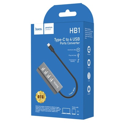 USB HUB разветвитель HOCO HB1 4 в 1 USB2.0 (m) - 4xUSB2.0 (f), 80 см, тусклый
