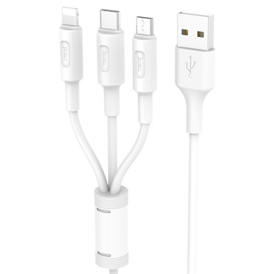 Кабель USB HOCO X25 Soarer 3 в 1 USB - Type-C + Lightning + MicroUSB, 2А, 1 м, белый