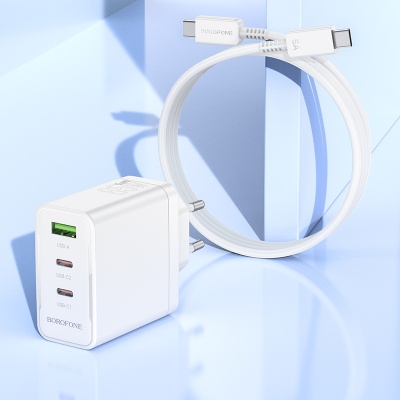 Сетевое зарядное устройство BOROFONE BN12 Manager 1xUSB + 2xUSB-C с Кабелем Type-C - Type-C, 65W, белый