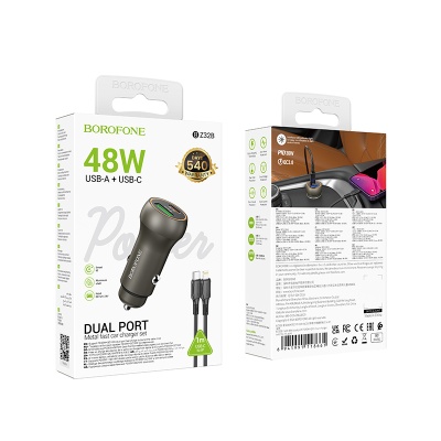 Автомобильное зарядное устройство BOROFONE BZ32B Fresh, 1xUSB + 1xUSB-C с Кабелем Type-C - Lightning, 48W, золотой