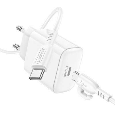 Сетевое зарядное устройство BOROFONE BA81A Single 1xUSB-C с Кабелем Type-C - Type-C, 20W, белый