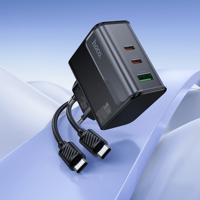 Сетевое зарядное устройство HOCO CS75A Star 1xUSB + 2xUSB-C с Кабелем Type-C - Type-C, 70W, черный