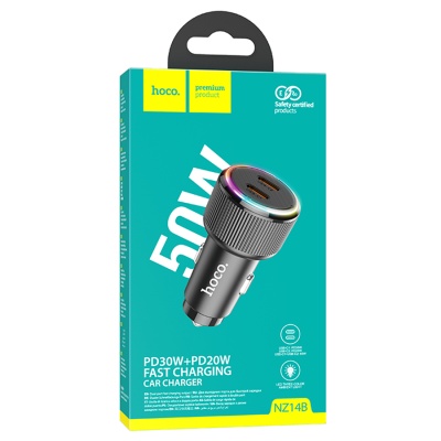 Автомобильное зарядное устройство HOCO NZ14B Guerrero, 2xUSB-C, 50W, черный