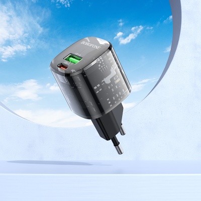 Сетевое зарядное устройство BOROFONE BN17 Sunlight 1xUSB + 1xUSB-C, 3A, 20W, прозрачный черный
