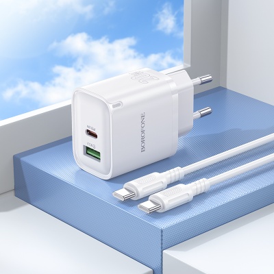 Сетевое зарядное устройство BOROFONE BA83A Flare star 1xUSB + 1xUSB-C с Кабелем Type-C - Type-C, 3A, 20W, белый