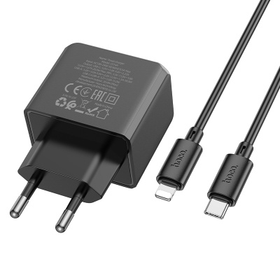 Сетевое зарядное устройство HOCO CS14A Ocean 1xUSB + 1xUSB-C с Кабелем Type-C - Lightning, 3A, 20W, черный