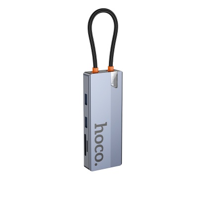 Переходник/Адаптер HOCO HB52 Wow 8 в 1 Type-C (m) - 2xUSB3.0 + Type-C PD + USB-C + HDMI + SD/TF + RJ45, 19 см, серый металлик