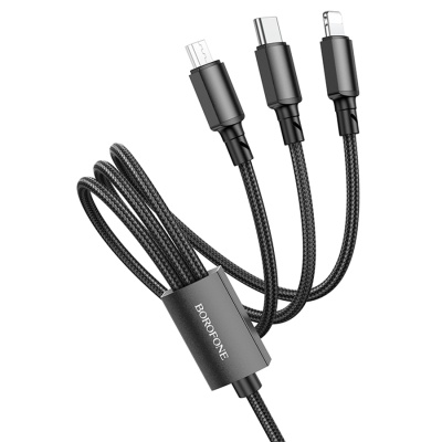 Кабель USB BOROFONE BX72 3 в 1 USB - Type-C + Lightning + MicroUSB, 2А, 1 м, черный