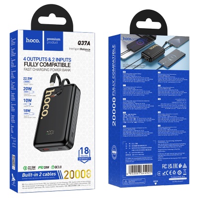 Портативный аккумулятор HOCO Q37A Graceful, встроенный кабель Lightning + Type-C, 20W, 20000 мА⋅ч, черный