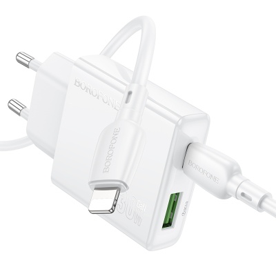 Сетевое зарядное устройство BOROFONE BN25 Wish 1xUSB + 1xUSB-C с Кабелем Type-C - Lightning, 3A, 30W, белый