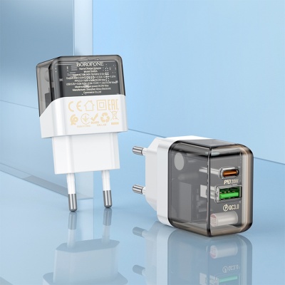 Сетевое зарядное устройство BOROFONE BA80A Scenery 1xUSB + 1xUSB-C с Кабелем Type-C - Type-C, 20W, черный