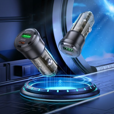 Автомобильное зарядное устройство BOROFONE BZ25 Journey, 1xUSB + 1xUSB-C с Кабелем Type-C - Lightning, 38W, прозрачный черный