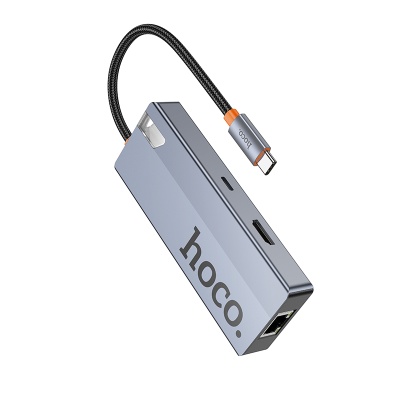 Переходник/Адаптер HOCO HB51 Wow 6 в 1 Type-C (m) - 3xUSB3.0 + Type-C PD + HDMI + RJ45, 19 см, серый металлик