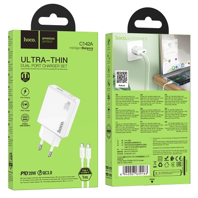 Сетевое зарядное устройство HOCO C142A Direct 1xUSB + 1xUSB-C с Кабелем Type-C - Type-C, 3A, 20W, белый
